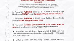 Menghadapi libur nasional dan cuti bersama lebaran Idul Fitri tahun 2022, pihak Rumah Sakit Umum Daerah (RSUD) H. A. Sulthan Daeng Radja