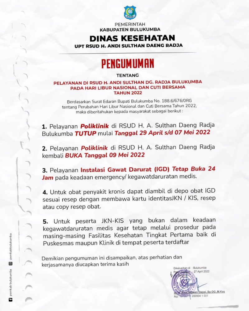 Menghadapi libur nasional dan cuti bersama lebaran Idul Fitri tahun 2022, pihak Rumah Sakit Umum Daerah (RSUD) H. A. Sulthan Daeng Radja