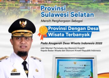 Provinsi Sulawesi Selatan meraih penghargaan dari Menteri Pariwisata dan Ekonomi kreatif, Sandiaga Salahuddin Uno.